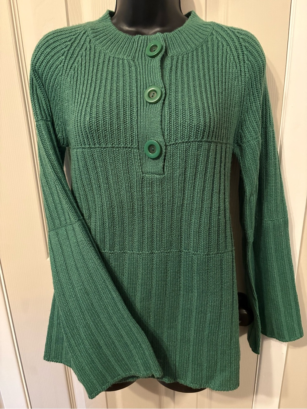 Moda International Green Ribbed Wool Blend Knit Henley Sweater